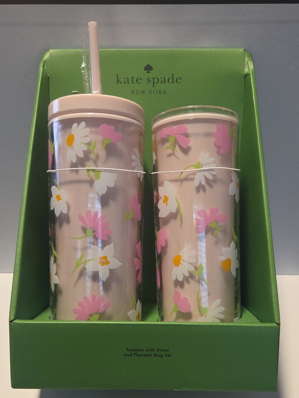 Kate Spade Pink & White Daisy Tumbler and Thermal Mug Set